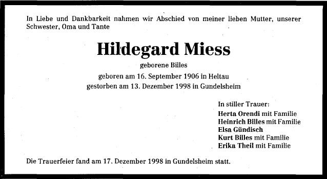 Billes Hildegard 1906-1998 Todesanzeige